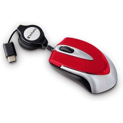 Mouse MINI Verbatim, CABLE RETRACTIL, USB tipo C, Color Rojo/GRIS