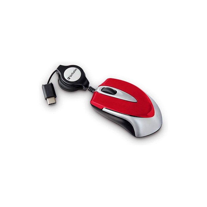 Mouse MINI Verbatim, CABLE RETRACTIL, USB tipo C, Color Rojo/GRIS