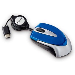 Mouse MINI Verbatim, CABLE RETRACTIL, USB tipo C, Color AZUL/GRIS