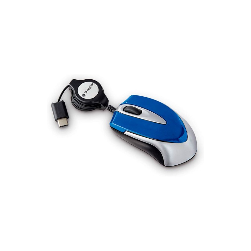 Mouse MINI Verbatim, CABLE RETRACTIL, USB tipo C, Color AZUL/GRIS