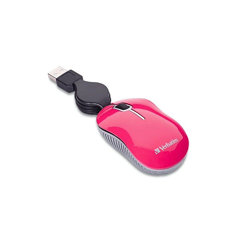 MOUSE MINI VERBATIM OPTICO, CABLE RETRACTIL, USB 2.0, COLOR ROSA