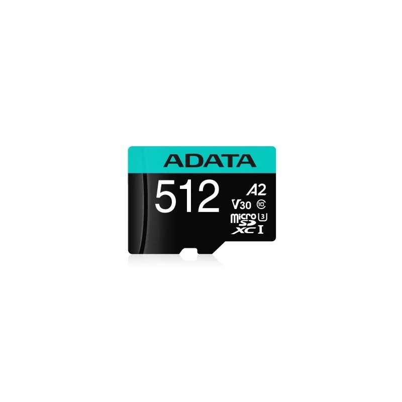 Micro Secure Digital A2 (V30) ADATA Premier Pro, 512 GB, 100 MB/s, 85 MB/s, Negro/Verde, Clase 10