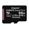 Micro SD Kingston Canvas Select Plus, 64Gb, Class 10, UHS-I, 100 MB/s, Adaptador Sd