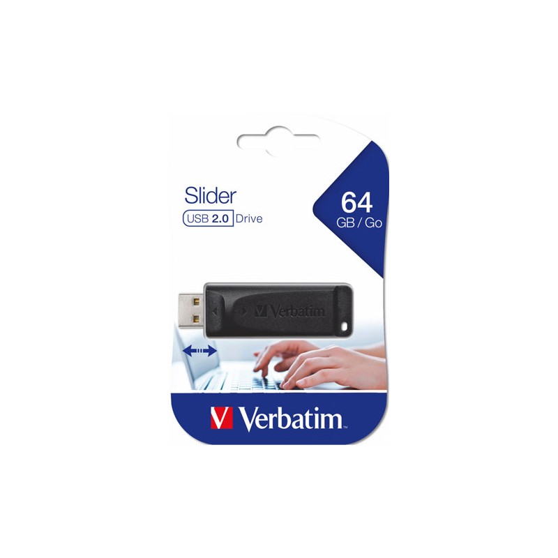 Memoria usb Verbatim, 64GB, Profesional de uso rudo, Slider (retractil), usb 2.0, color Negro