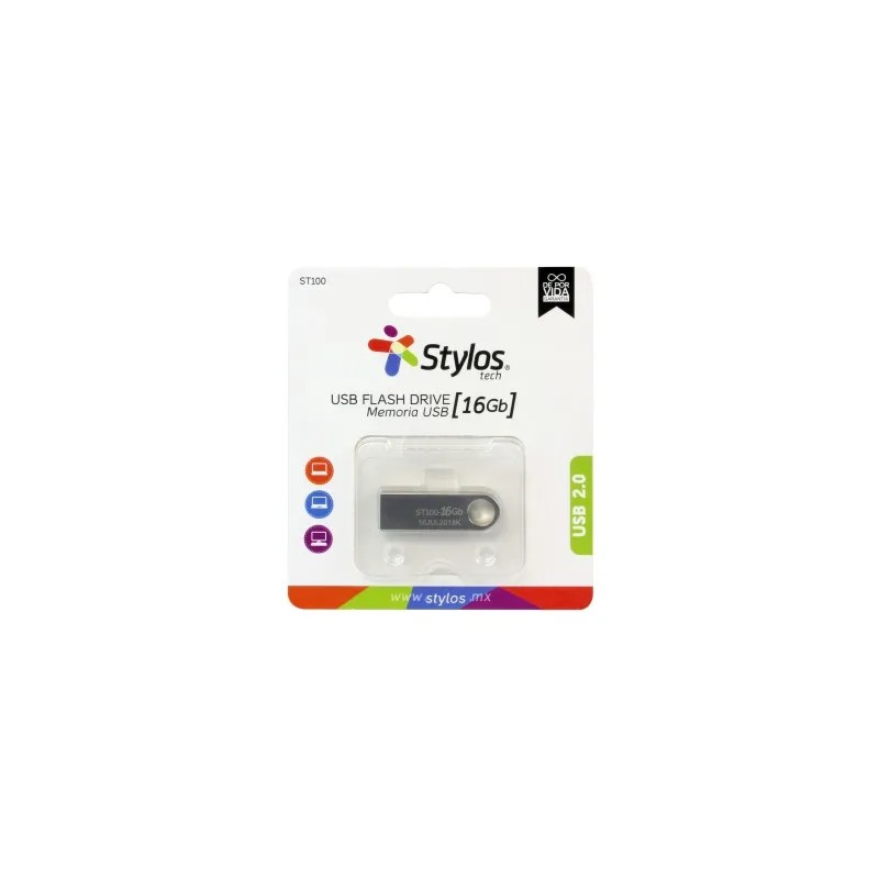 Memoria USB Stylos Tech, 16GB, USB 2.0, Metalica, Plata