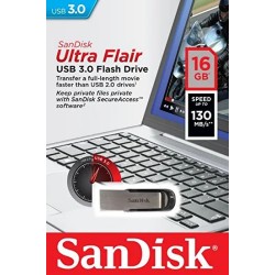 Memoria Flash, USB 3.0 Sandisk 16GB Ultra Flair Read 130Mb/S Negro, Plata